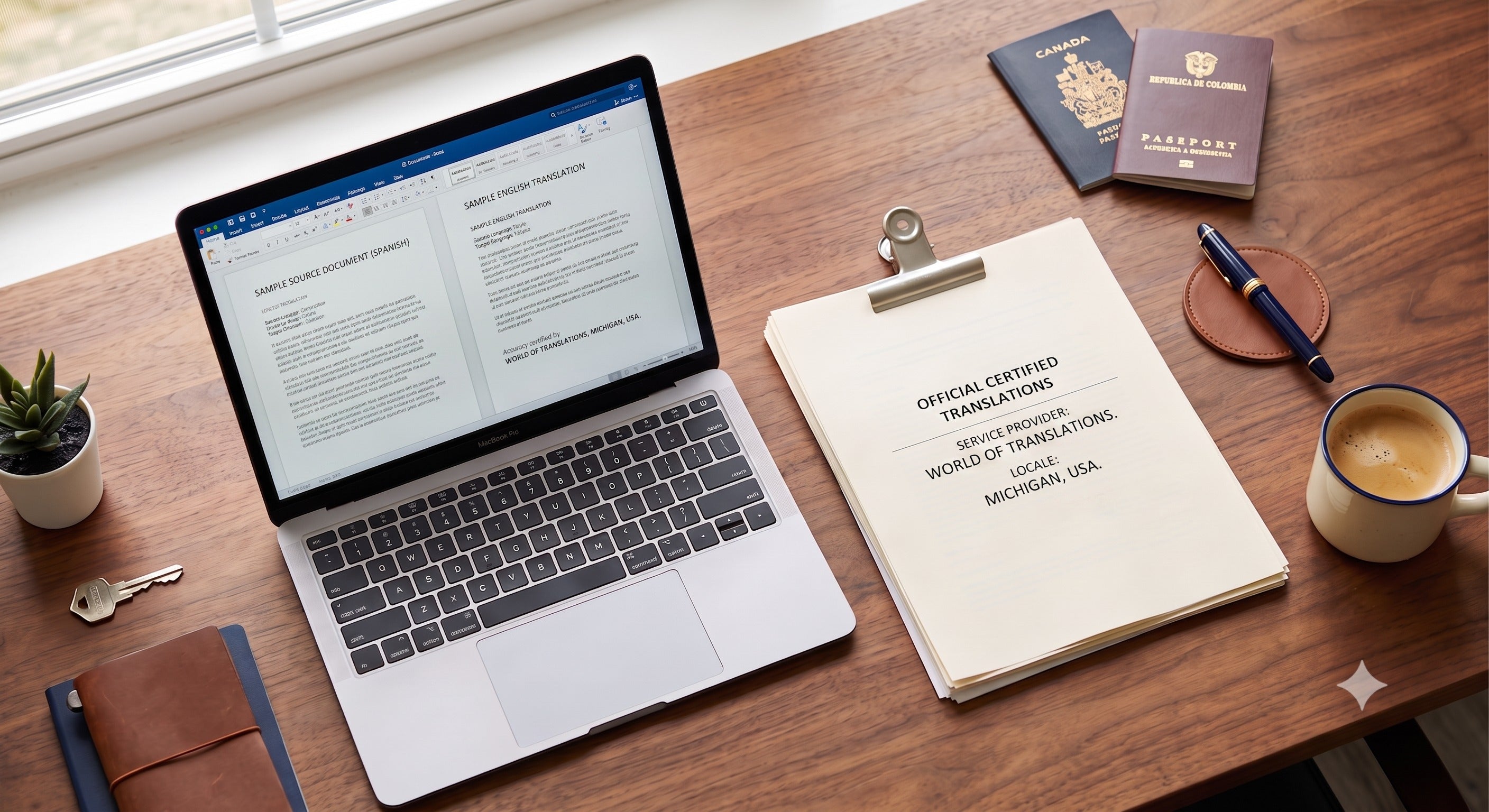 Translator's workspace with laptop and certified translation documents